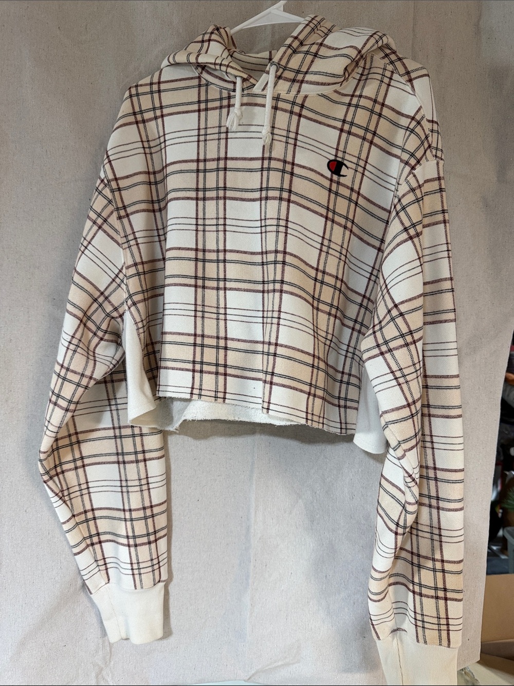 Champion Cropped Plaid Hoodie in Cream and Brown